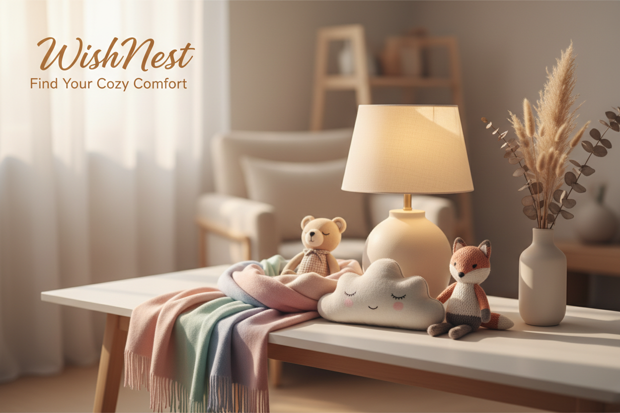 suggest hero section for wishnest which is a A cozy, aesthetic space for soft, feel-good things that bring calm and quiet joy to everyday moments. products which we sell are lamps scarfs stuff toys and feel good stuff